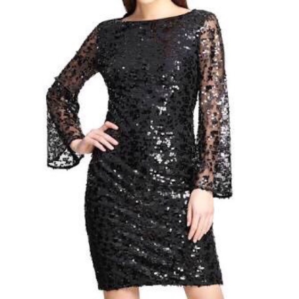 DKNY Black Sequin Bell Sleeve Cocktail dress Small to Medium - Picture 3 of 10